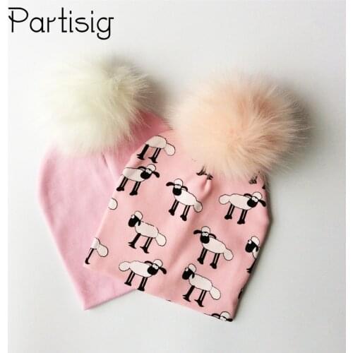 Brand Hat Faux Fur Baby Boy Cap Cotton Printing Pompom Bobble Hat For Girls Winter Childrens Hats Caps