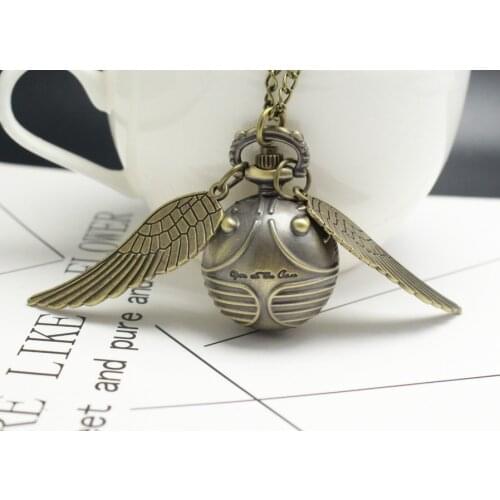 Retro Snitch Ball Shaped Potter Quartz Pocket Watch Fashion Sweater Angel Wings Necklace Chain Gifts for Men Women kids