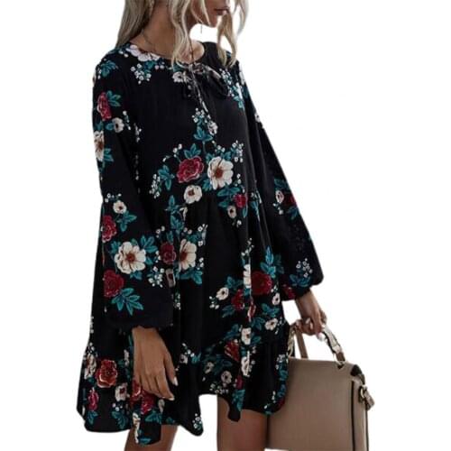 Ele-choices Women Autumn All Match Beautiful Floral Print Sweet Party Dress Women Beach Dress O-Neck Streetwear