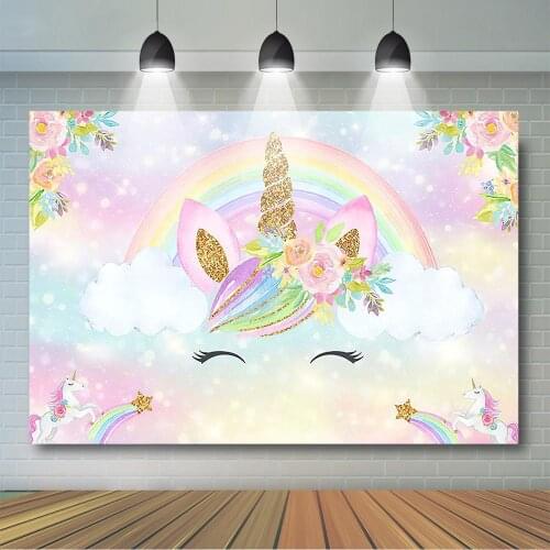 Unicorn Rainbow Backdrop for Photography Girl Birthday Baby Shower Party Decoration Floral Smile Unicorn Background for Photo