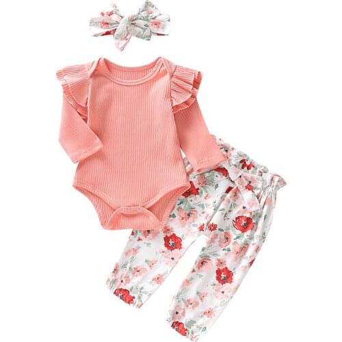 3PCS Newborn Baby Girl Pink Long Sleeve Knit Tops Romper Floral Pants Headband Outfits Set Clothes Autumn