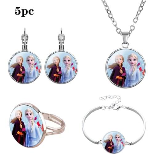 Disney Frozen 2 Girls' 5-piece Glass and Alloy Ring Earrings Necklace Bracelet Set Girls Birthday Gift