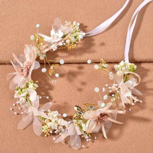 Beautiful Bridal Silk Yarn Leaf Flower Headbands Crystal Pearl Headdress Bride Handmade Wedding Engagement Hair Accessories