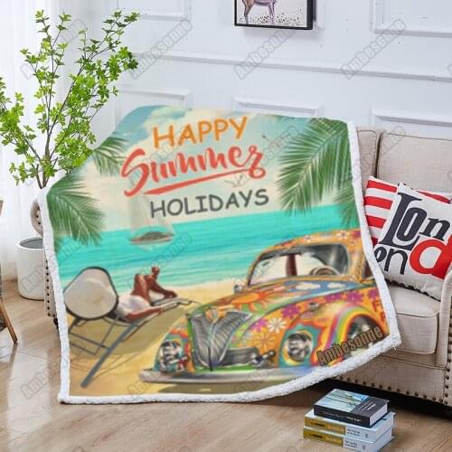 Happy Summer Holidays With Retro Car Blanket Summer Blankets Kids Adult Bed Blanket Sofa Blanket Picnic Blanket Custom Blanket
