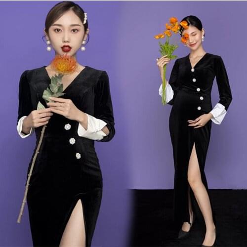 Summer Pregnant Womens Clothing Black Open Fork Wrapped Fishtail Dress Studio Art Retro Photography Clothes Maternity Dress