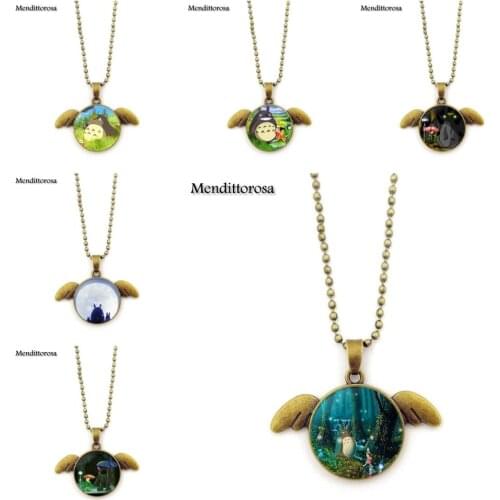 Mendittorosa Glass Cabochon Anime Jewelry Choker Long Bronze Angel Wings Pendant Necklace My Neighbor Totoro