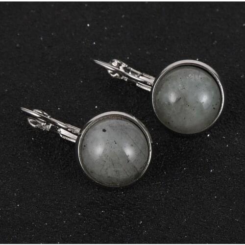 Fashion Natural Stone Stud Earrings 12mm Round Moonstone Crystal Beads Silver Color Copper French Earring Hoops For Women #0184