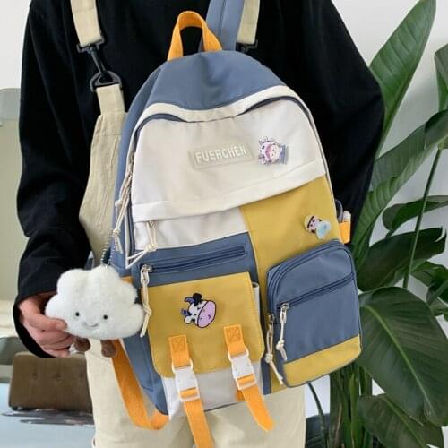 Fashion Womens Backpack Kawaii Pendant Contrast Color School Bag For Girls Nylon Large Capacity Backpack With Many Pockets 2021