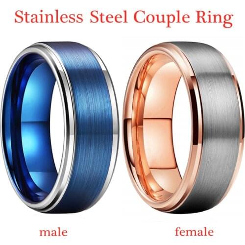 Stainless Steel Mens Womens Engagement Ring Blue & Silver Color Surface Brushed Wedding Band Couple Jewelry Anniversary Gifts
