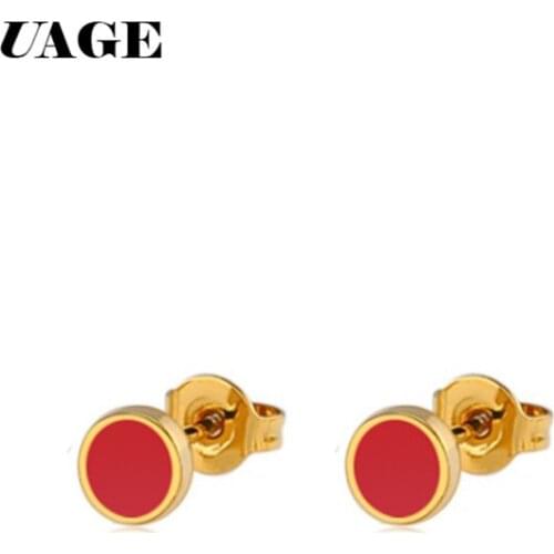 UAGE Round Circle Earrings Rose Gold jewelry-for-Women Stainless Steel Earrings Red Enamel Earrings