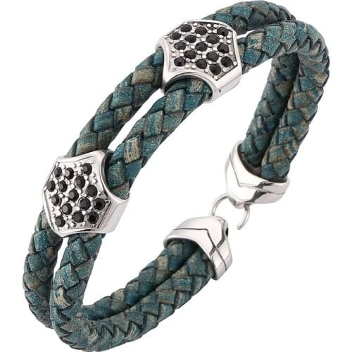 Newest Unisex Jewelry Trendy Double Braided Leather Women Bracelet with Zircon Stainless Steel Wristband Men Vintage Gift SP0202