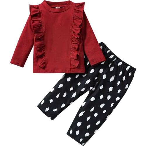 Citgeett Autumn Infant Baby Girls Casual Outfits Solid Color Long Sleeve Ruffle Pullover + Spot Print Pants Spring Set