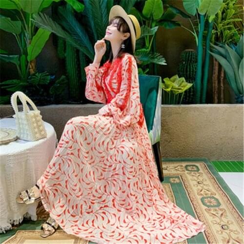 Real shot spot holiday lace dress V-neck single-breasted stitching printed lantern sleeves waist pleated long dress