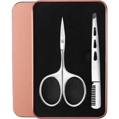 Qmake Stainless steel Eyebrow Tools Rounded Professional Nose hair Scissors Manicure Facial Trimming Tweezers mustache kit
