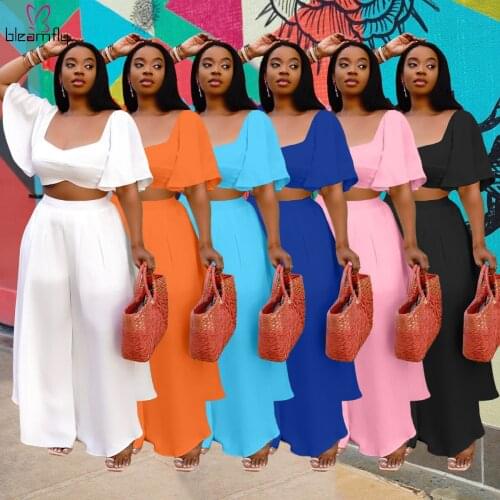 Plus Size Two Piece Set Women Crop Top And Wide Leg Pants Elegant White Orange 2 Piece Suit Ladies Tracksuits Outfits 4XL 5XL