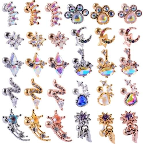 1PC Colorful Zircon Ear Studs Tragus Curved CZ Cartilage Rose Gold Stud Helix Earring with Ball Back Body Piercing Jewelry 20G