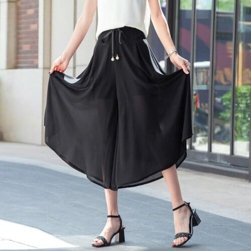 Chiffon wide-legged womens pants 2021 summer new high-waisted Thin black skirt pants seven-point casual pants women 615G