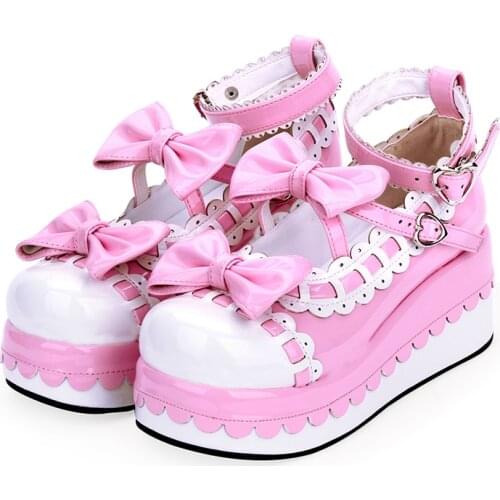 Princess Platform Female Lolita Womens Shoes Lace Bow Dress Shoes Anime Kawaii Platform Pink White Lolita Big Size 41 42 43 44