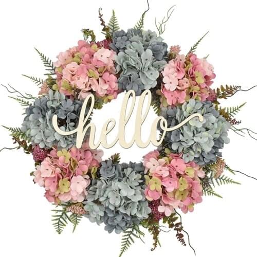 Spring Summer Wreath for Front Door Handmade Blue Pink Hydrangea Hello Wreath for Wall Wedding Farmhouse Home Decor