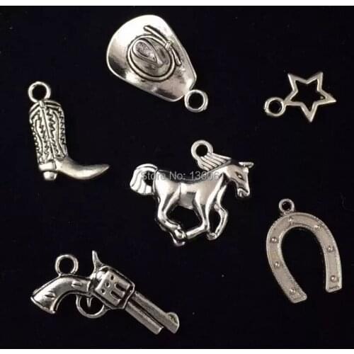 Vintage Silver Set Cowboy Hat Horseshoe Horse Star Gun Alloy Floating Metal Charms Pendants For Bracelet Jewelry 60PCS Q618