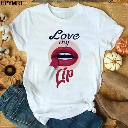 Love My Lip Print Womens T Shirt Tops Fashion Casual Tshirt Ladies Graphic Harajuku Female T-shirts Clothing White O-neck Tee