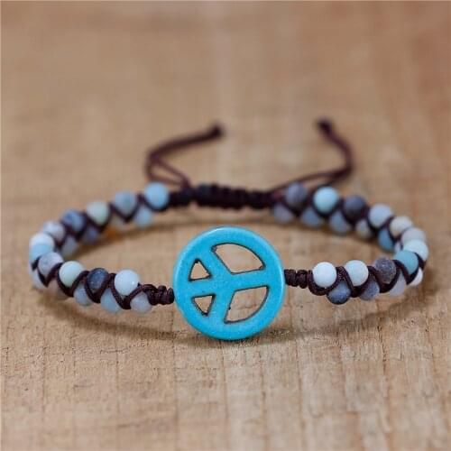 Boho Women Turquoise Peace Charm Frosted Amazonite Stone Beads Braided Bracelet Bijoux Punk Bracelet Friendship Jewelry Dropship
