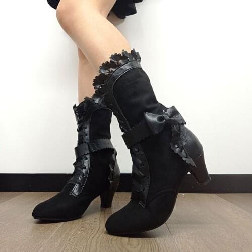Brand New Big Size 43 Sweet Bowknot Ruffles Med Heels Shoelace Gothic Lolita Style Mid Calf Boots Women Shoes