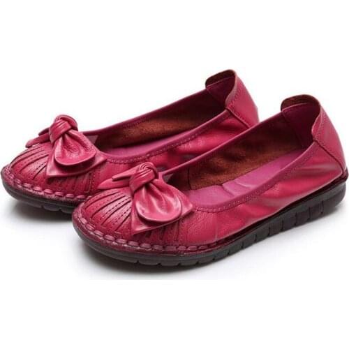 Hot 2020 Spring New Round Head Bow Genuine Leather Shoes Soft Bottom Flat Shoes Light Comfort Fashion Casual Shoes Women Shoes