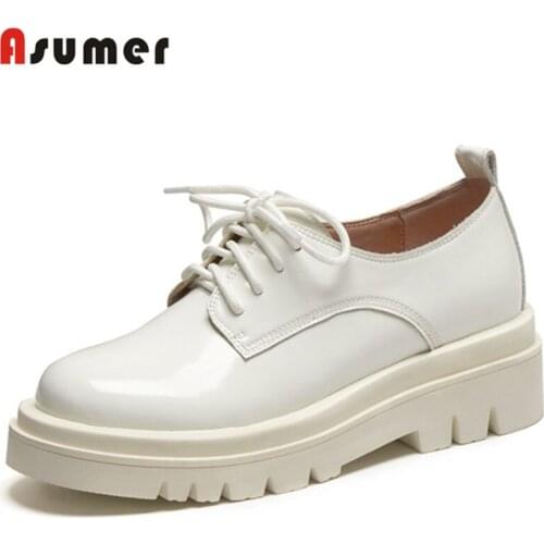 Asumer 2020 new arrive flat platform shoes women genuine leather footwear round toe lace up comfortable casual shoes ladies