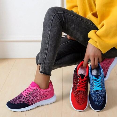 Womens Knitted Sneakers Mesh Lace-Up Flat Shallow Plus Size Female Vulcanized Shoes Fashion Comfortable Leisure Ladies Footwear