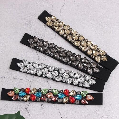 White Grey Colorful Rhinestone Waistband Women European Flower Crystal Gem Corset Dress Belt Female High Elastic Strech Strap