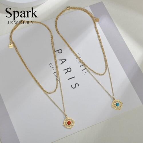 Spark Noble Stainless Steel Gold Compass Pendant Necklaces Multi-layer Chain Natural Stone Necklace For Women Girl Birthday Gift
