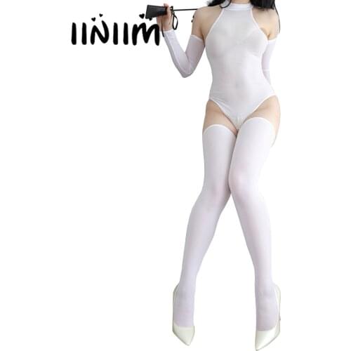 Womens Lingerie Set Nightclub Stage Performance Outfits Sexy Nightwear Mock Neck Sleeveless Bodysuit with Oversleeve Stocking