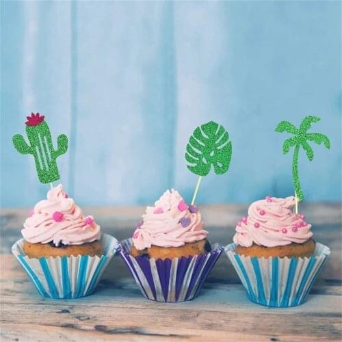 10pcs Palm Leaf Flamingo Cupcake Topper Hawaiian Luau Summer Party Cake Decor Kids Jungle Birthday Party Tropical Wedding Decor