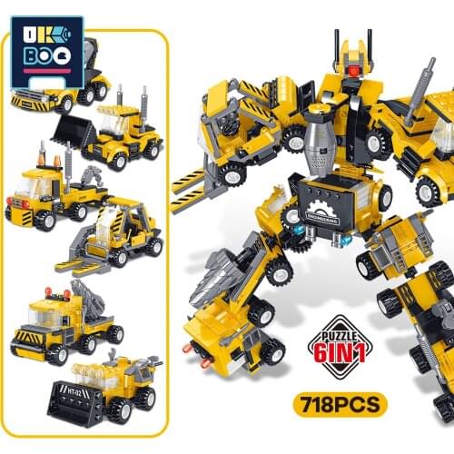 718PCS 6IN1 City EngineeringMechine Building Blocks Set Truck Car Transformation Robot Construction Bricks Toys for Children
