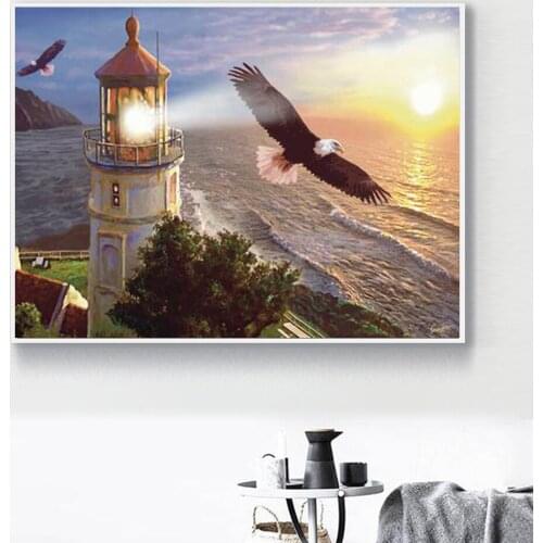 Diamond embroidery mosaic art seaside lighthouse needlework diy diamond painting sunset and eagle rhinestone cross stitch