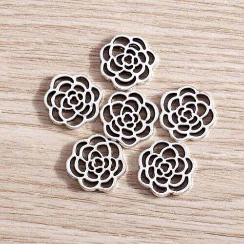 20pcs/lot 16*16mm Hollow Love Rose Charms Jewelry Making Antique Silver Color Flower Charms DIY Fit Necklaces Earrings Findings