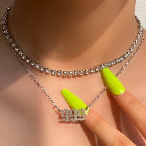 Stainless Steel Number Pendant Metal Clavicle Chain Necklace Simple Big Rhinestone Tennis Choker Layered Necklaces Punk Jewelry