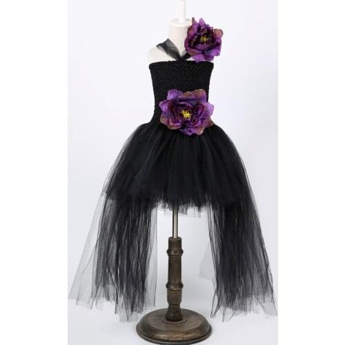 Black Polyester Mesh Polka Dot Dress with Big Flower Wedding Dress Long Train Halloween Costumes for Teens Xmas Clothes Vestido