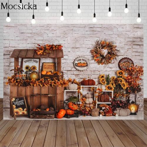 Autumn Pumpkin Portrait Photography Backdrop Brick Wall Sunflower Farms Harvest Newborn Birthday Party Background Decor Photo