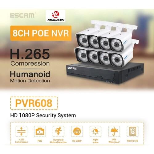 Hot ESCAM PVR608 Humanoid Detection 2MP 1080P POE 8CH PVR Camera Kit Surveillance Camera System with Humanoid Detection nvr kit