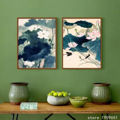 No frame Chinese style lotus birds flowers scenery canvas printings oil painting printed on cotton wall art decoration picture