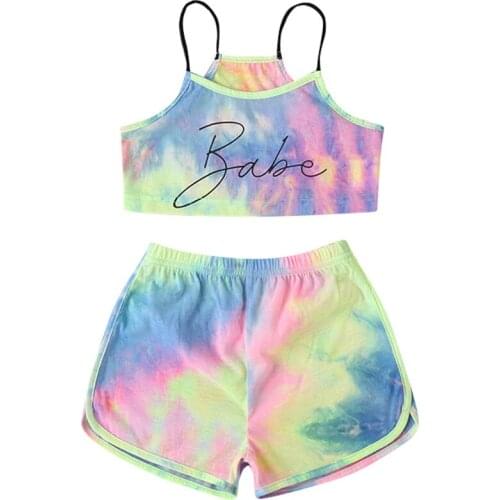 Toddler Baby Girls Tie-dye Outfits, Sleeveless Spaghetti Straps Tank Top + Elastic Short Pants Clothes Sets
