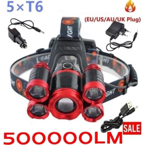 NEW XML-T6 Led Headlight 5 Led Bulbs Waterproof headlamp Portable Torch Head Lamp 18650 battery USB Rechargeable Headlight