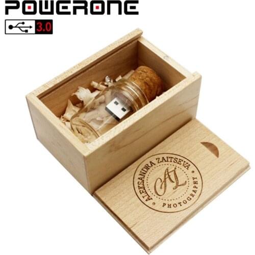 POWERONE USB 3.0 drift bottle cork+wooden box pendrive 4GB 8GB16GB 32GB 64GB memory stick glass wish bottle free custom logo