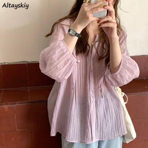 Shirt Women Solid Thin Breathable Three Quarter Female Clothes Summer Sun-proof Single Breasted Shirring Trendy Lantern Sleeve