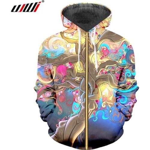 UJWI 2019 Sublimation 3D Custom Streetwear Colorful tree Zipper Hoodie Mens Hip Hop Clothing Wholesale