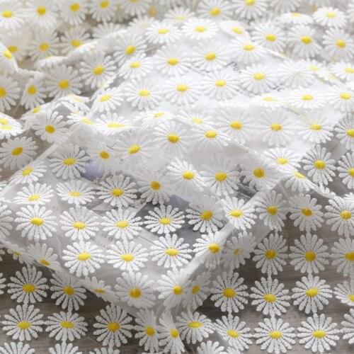 High quality white daisy embroidery fabric Soft gauze tissu Fashion skirts, garments, handmade DIY material