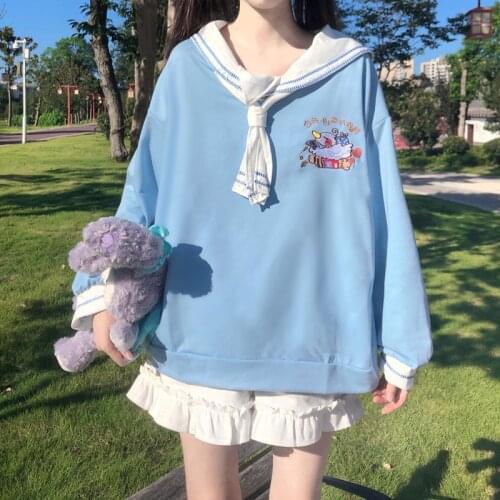 Japanese Sweet Soft Girl Preppy Style Sweatshirt Kawaii Sailor Collar Cartoon Embroidery Pullover Full Sleeve Loose Sweatshirts