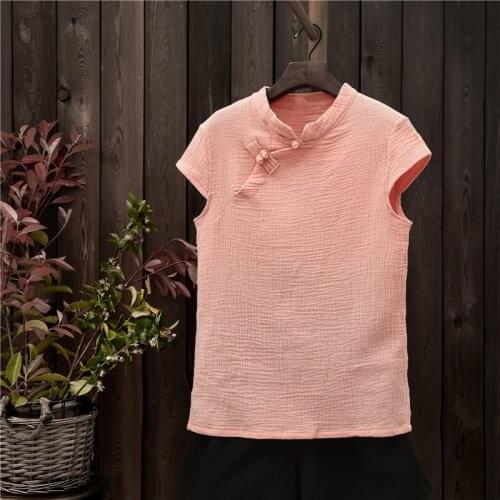 Chinese style Cotton Linen Women Blouse Shirt Summer Solid Casual Blouse Vintage Ethnic Shirt Tops plus size clothes 5XL 6XL